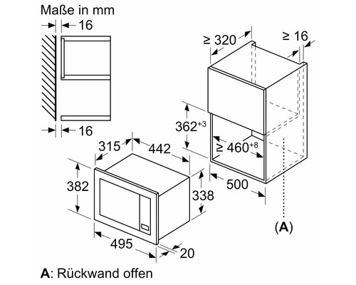 Maße des Einbau-Mikrowellengeräts mit offenem Rückwand