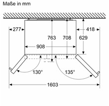 Technische Zeichnung einer Dunstabzugshaube mit Maßen in Millimeter.