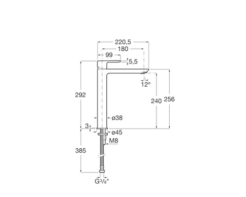 Technische Zeichnung einer Waschtischarmatur mit Maßangaben