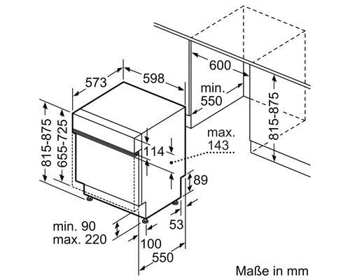Schéma coté d'un lave-vaisselle avec dimensions en millimètres