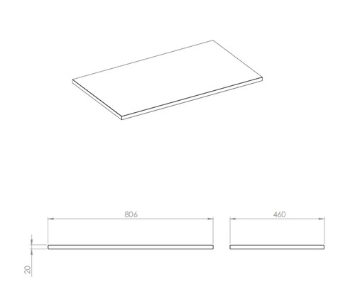 Illustration einer Arbeitsplatte mit den Maßen 806 x 460 x 20 mm