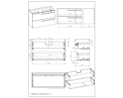 Schéma technique d'un meuble sous-lavabo avec cotes.