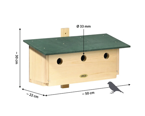 Nichoir en bois avec trois entrées et des dimensions de 50 x 22 x 30 cm