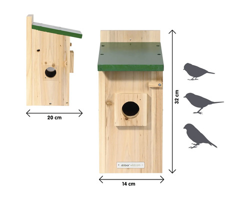 Vogelhaus aus Holz mit den Maßen 32 cm Höhe, 14 cm Breite und 20 cm Tiefe