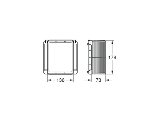 Schéma technique d'une grille d'aération avec les dimensions 178 x 136 x 73 mm.