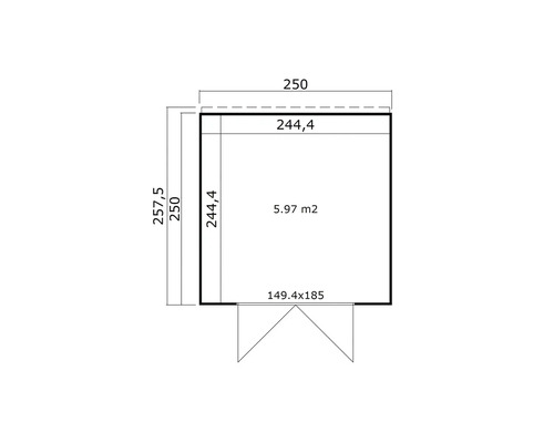 Grundrisszeichnung mit den Abmessungen 250 mal 257,5 Zentimeter und einer Fläche von 5,97 Quadratmetern