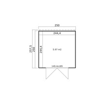Plan d'un abri de jardin avec des dimensions de 250 x 257,5 cm et une superficie de 5,97 m²