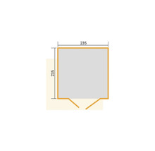 Illustration eines Gartenhauses mit den Maßen 235 mal 235 Zentimeter