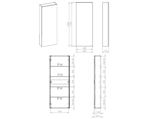 Technische Zeichnung eines Hochschranks mit Maßangaben