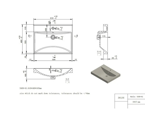 Schéma technique d'un lavabo avec indication des dimensions