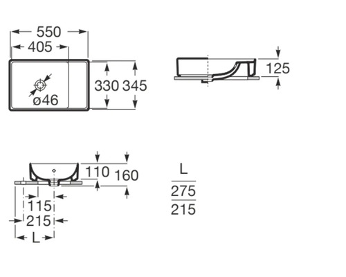 Schéma technique d'un lavabo avec dimensions