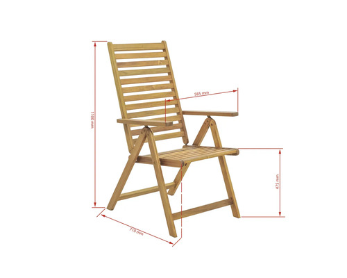 Gartensessel aus Holz mit Maßen 1100 mm Höhe, 585 mm Armlehnenbreite, 475 mm Sitzhöhe und 710 mm Tiefe
