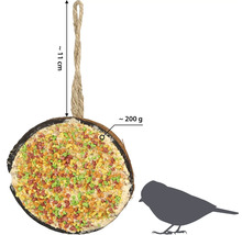 Kokosnuss-Vogelhaus mit circa 200 Gramm Füllung und einer Aufhängung von circa 11 Zentimetern Länge.