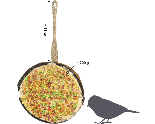 Kokosnuss-Vogelhaus mit circa 200 Gramm Füllung und einer Aufhängung von circa 11 Zentimetern Länge.