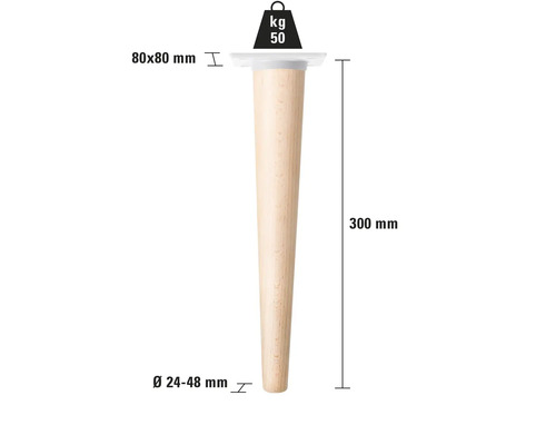 Pied de meuble en bois, longueur 300 mm, charge maximale 50 kg
