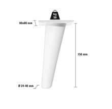 Pied de meuble avec des dimensions de 150 mm de hauteur, une plaque de montage de 80 x 80 mm et un diamètre de 24 à 48 mm, capacité de charge maximale de 50 kilogrammes