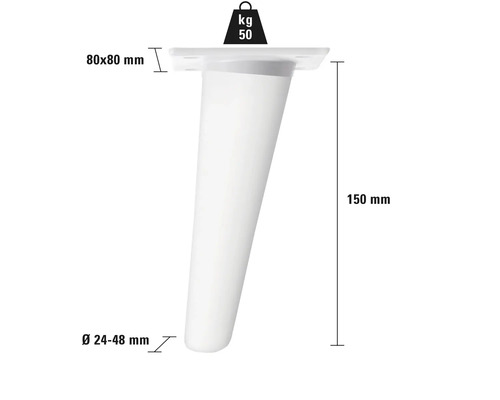 Pied de meuble avec des dimensions de 150 mm de hauteur, une plaque de montage de 80 x 80 mm et un diamètre de 24 à 48 mm, capacité de charge maximale de 50 kilogrammes
