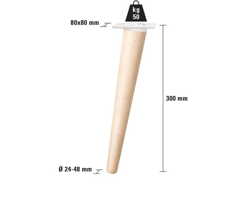 Möbelfuß aus Holz, 300 mm hoch, Durchmesser 24 bis 48 mm, Montageplatte 80 x 80 mm, Traglast 50 kg
