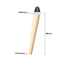Pied de meuble en bois, 300 mm de long, diamètre en bas de 24 à 48 mm, plaque de montage 80 x 80 mm, capacité de charge maximale de 50 kg