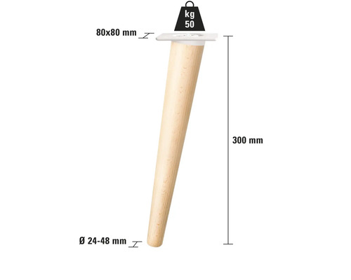 Pied de meuble en bois, 300 mm de long, diamètre en bas de 24 à 48 mm, plaque de montage 80 x 80 mm, capacité de charge maximale de 50 kg