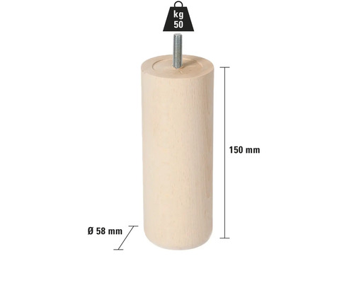 Pied de meuble en bois, hauteur 150 mm, diamètre 58 mm, capacité de charge 50 kg
