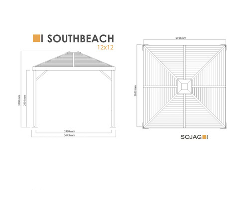 Dimensions du pavillon SOJAG Southbeach sous forme de dessin technique