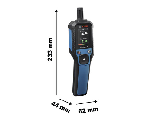 Bosch Messgerät für Temperatur und Luftfeuchtigkeit mit den Maßen 233 mm Länge, 44 mm Breite und 62 mm Tiefe.