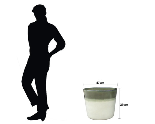 Pot de fleurs décoratif mesurant 47 x 39 cm à côté d'une silhouette