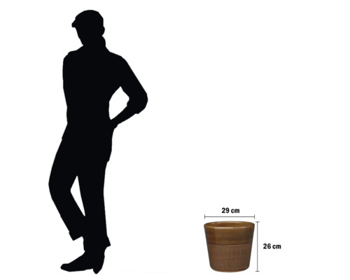 Blumentopf mit Maßangaben und Silhouette einer Person als Größenvergleich
