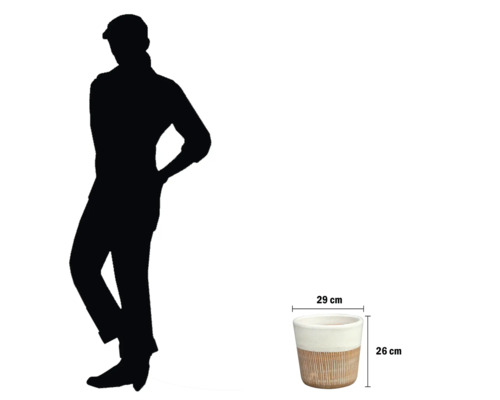 Blumentopf mit Abmessungen und Silhouettenbild einer Person daneben