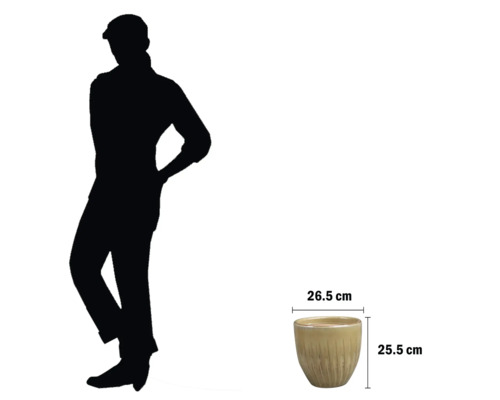 Blumentopf mit Größenangaben und Person zur Größenorientierung