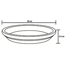 Schéma d'une soucoupe pour plantes avec des dimensions de 30 cm de longueur et 4,5 cm de hauteur