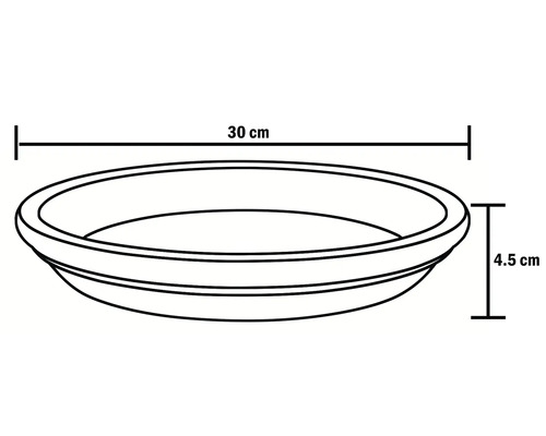 Schéma d'une soucoupe pour plantes avec des dimensions de 30 cm de longueur et 4,5 cm de hauteur