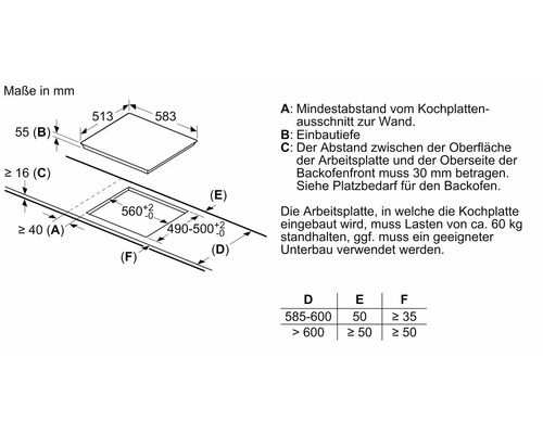 Abbildung mit Maßangaben für ein Kochfeld zum Einbau
