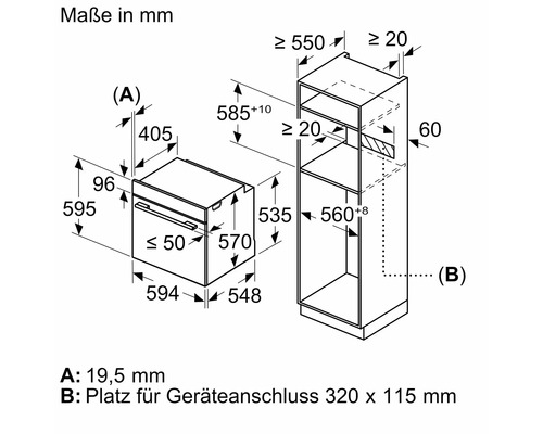 Masse des Ofens und des dazugehörigen Schranks in Millimeter.
