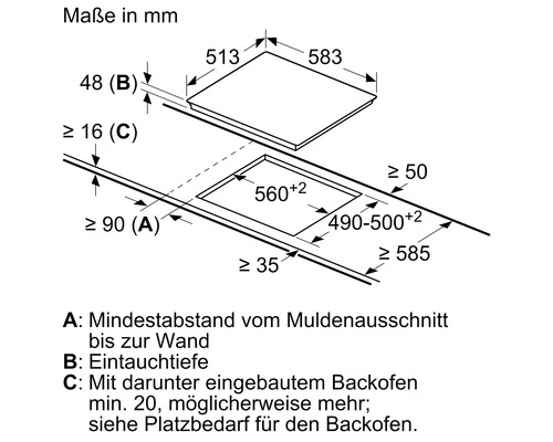 Einbaumaße für Kochfeld in Millimeter.