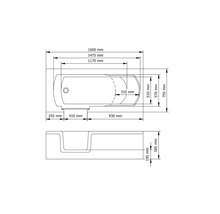 Technische Zeichnung einer Badewanne mit Maßangaben