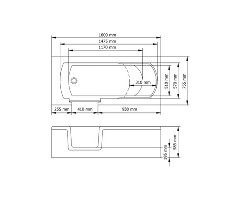 Technische Zeichnung einer Badewanne mit Maßangaben