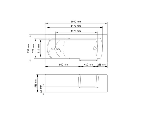 Technische Zeichnung einer Badewanne mit Maßangaben