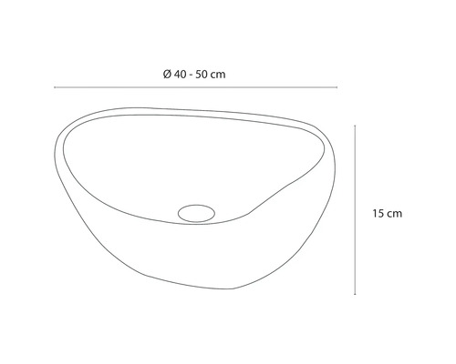 Dessin d'un lavabo à poser avec les dimensions diamètre 40 à 50 centimètres et hauteur 15 centimètres