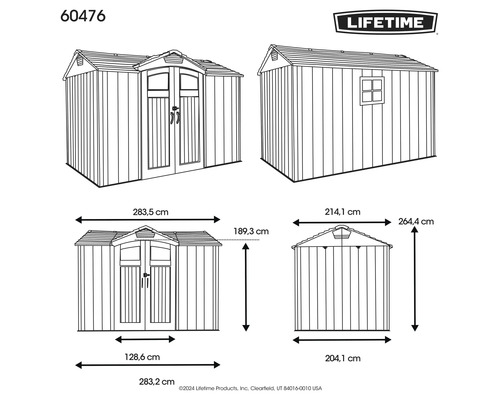 Technische Zeichnung eines Gerätehauses mit Maßangaben und Lifetime Logo