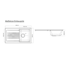 Massskizze einer Einbauspüle mit den Maßen 86 mal 41,9 Zentimeter.