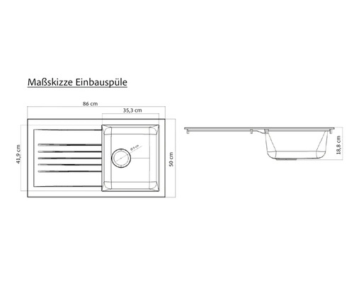 Maßskizze einer Einbauspüle mit den Maßen 86 Zentimeter Breite, 41,9 Zentimeter Tiefe und 18,8 Zentimeter Höhe.