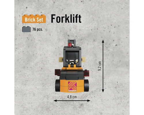 Gabelstapler Bausatz mit 76 Teilen und den Maßen 9,2 cm Höhe und 4,8 cm Breite