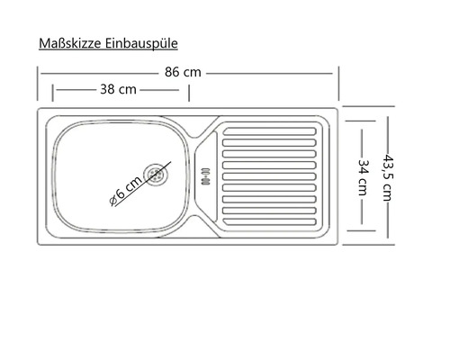 Massskizze einer Einbauspüle mit den Massen 86 cm Breite, 43,5 cm Tiefe, Beckenradius von 6 cm und Beckenbreite von 38 cm.