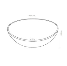 Dessin d'un lavabo à poser rond avec des dimensions de 360 mm de diamètre et 140 mm de hauteur