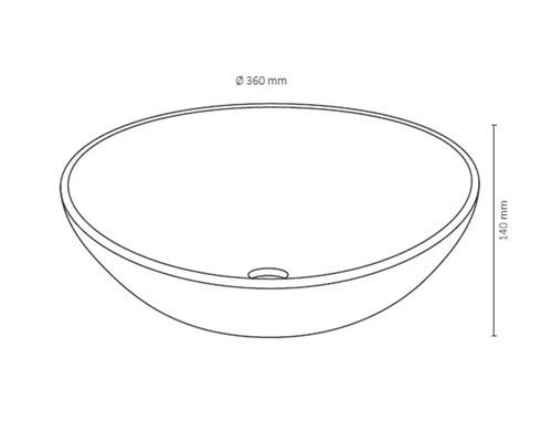 Dessin d'un lavabo à poser rond avec des dimensions de 360 mm de diamètre et 140 mm de hauteur
