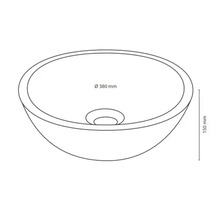 Dessin d'un lavabo à poser avec des dimensions de 380 mm de diamètre et 150 mm de hauteur