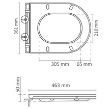 Schéma coté d'un couvercle de toilette avec les dimensions suivantes : 361 mm de hauteur, 305 mm de largeur, 210 mm de profondeur et 463 mm de longueur