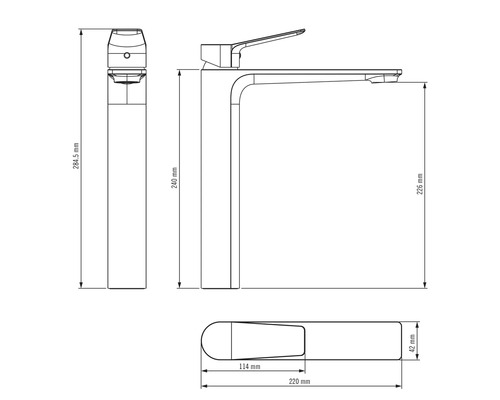 Technische Zeichnung einer Waschtischarmatur mit Maßangaben